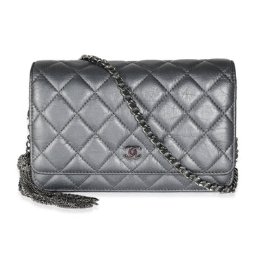 Top Quality Chanel Dark Silver Iridescent Aged Quilted Calfskin Tassel Wallet On Chain