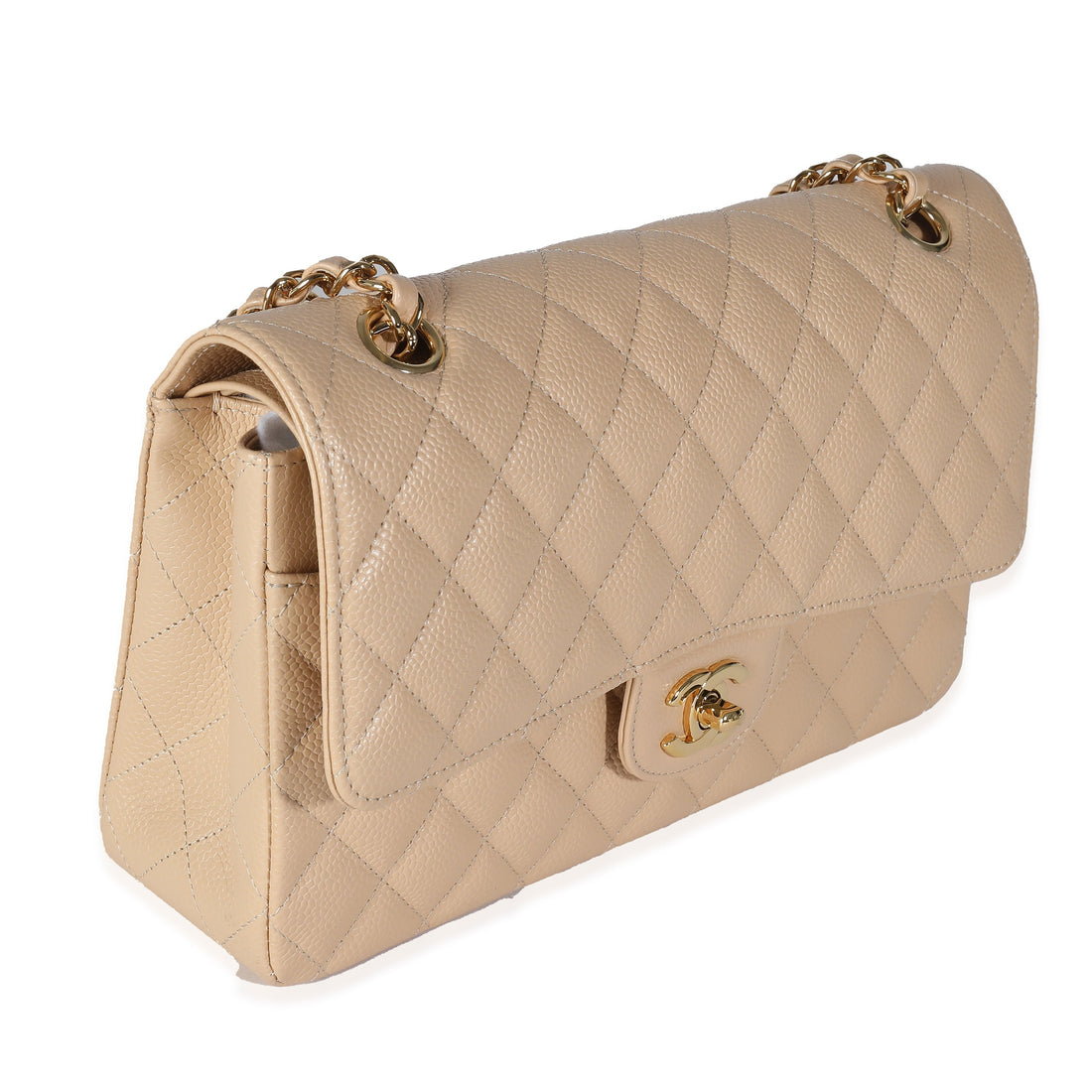 CHANEL Beige Quilted Caviar Medium Classic Double Flap Bag