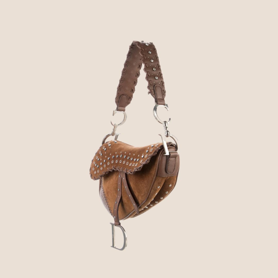 CHRISTIAN DIOR 2004 BROWN SUEDE EMBELLISHED WHIPSTITCH SADDLE BAG