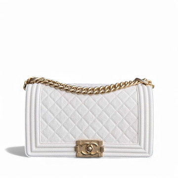 Chanel Boy Medium - Caviar 25CM Quilted Cream White Aged Gold Hardware Series 27