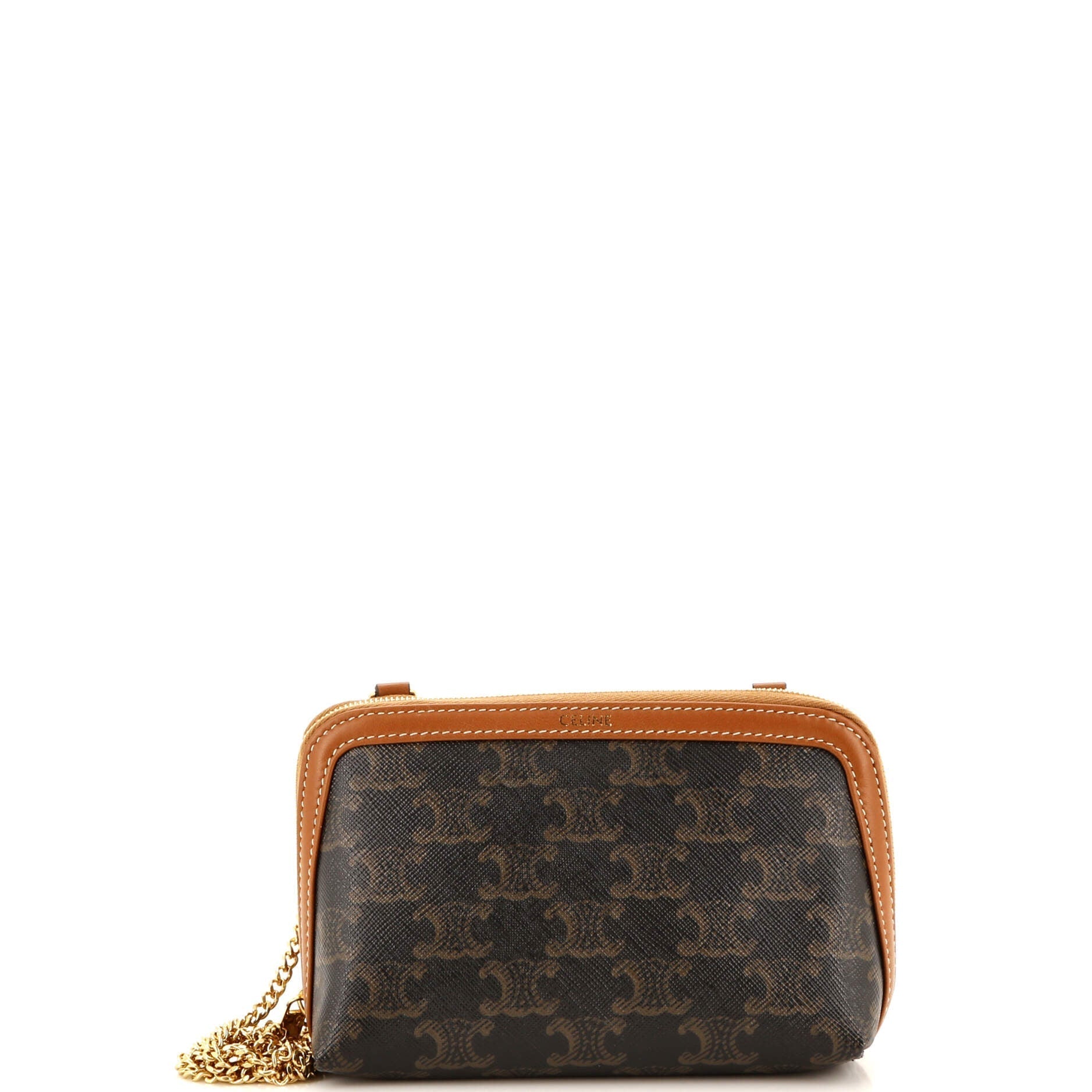 Celine Zip Around Chain Clutch Triomphe Coated Canvas