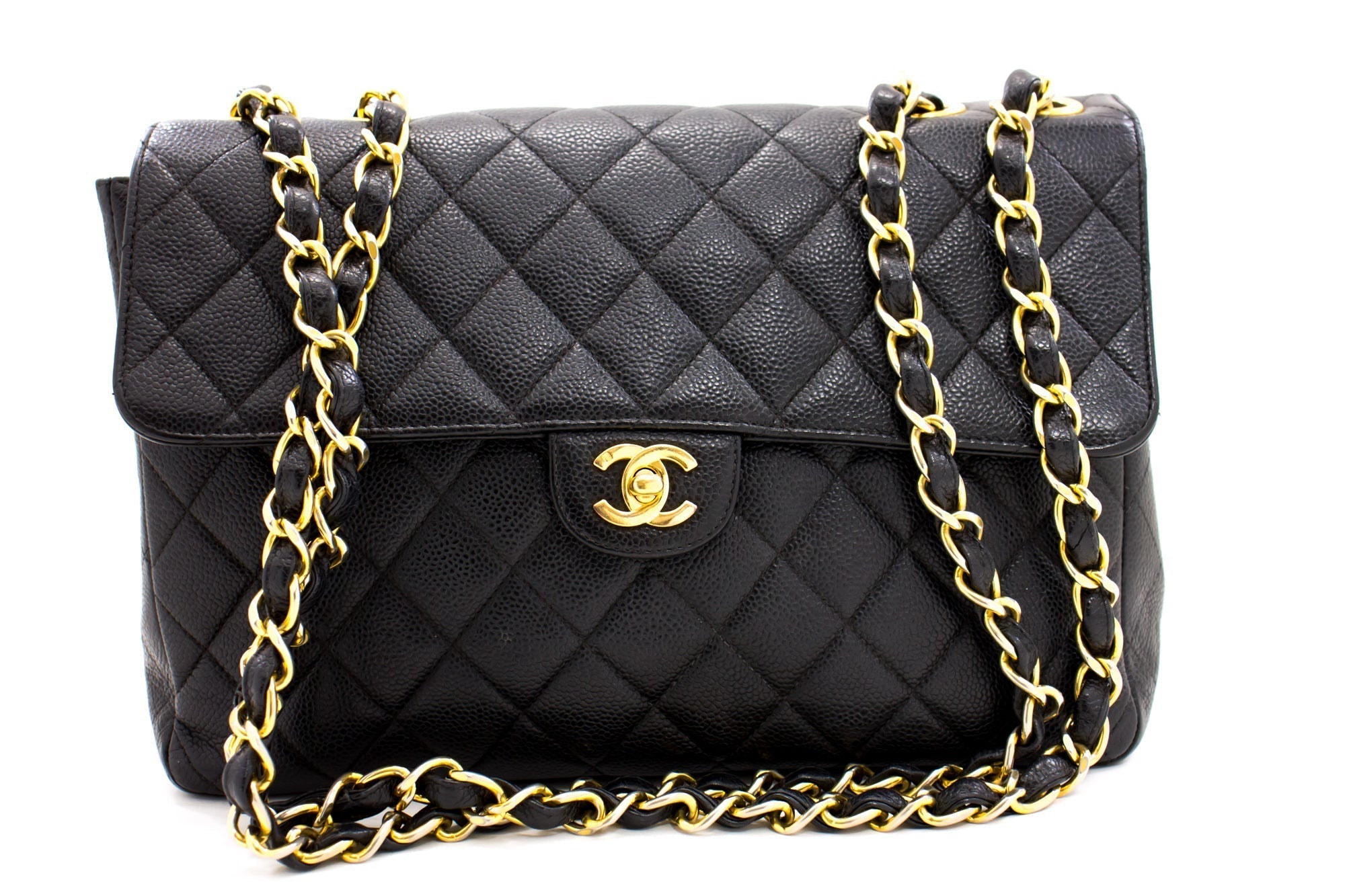 CHANEL Jumbo Caviar 11" Large Chain Shoulder Bag Flap Black Quilt e23