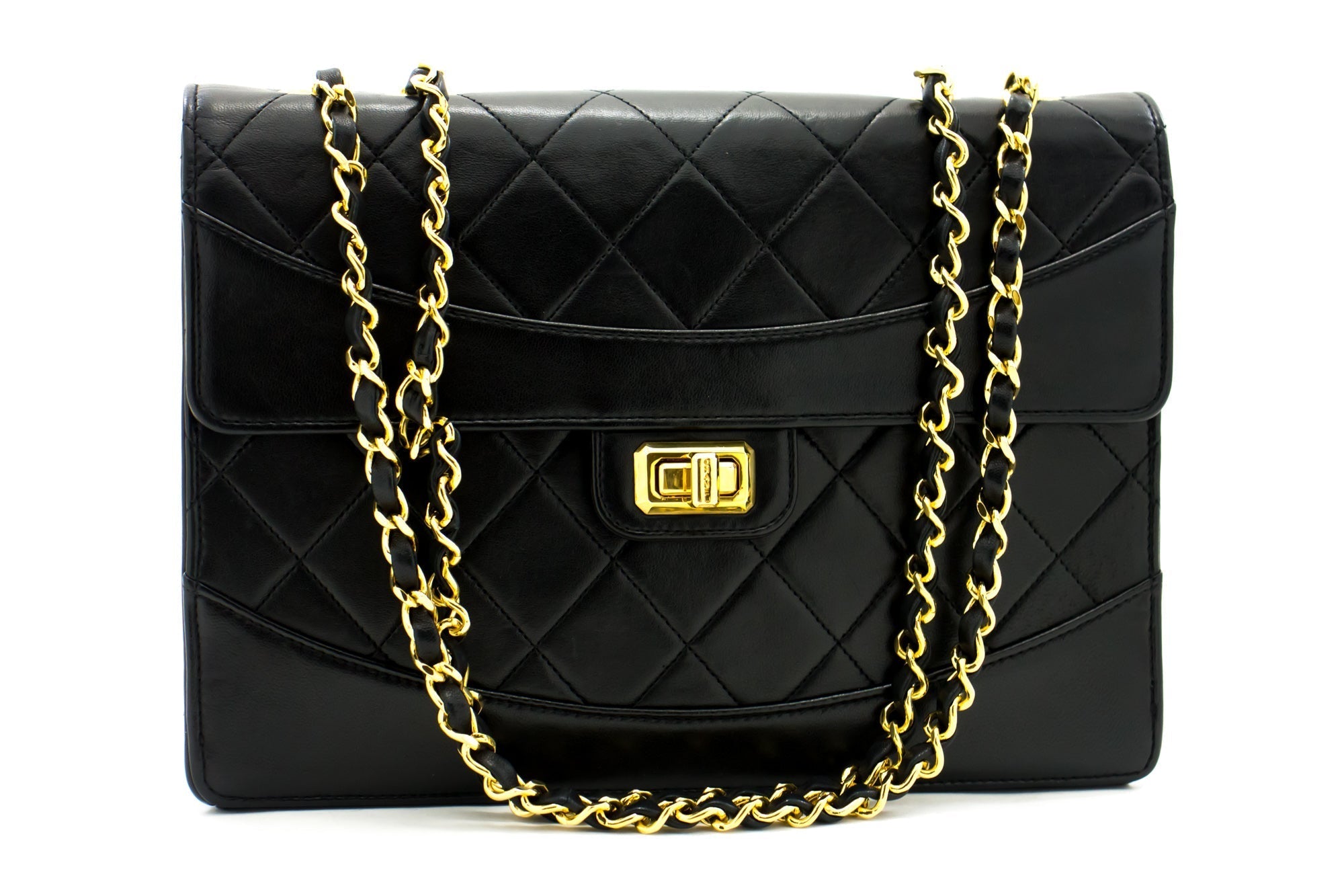 CHANEL Vintage Classic Chain Shoulder Bag Black Quilted Flap Lamb i93