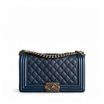 Chanel Boy Medium - Caviar 25CM Quilted Dark Blue Ruthenium Gold Hardware Series 19