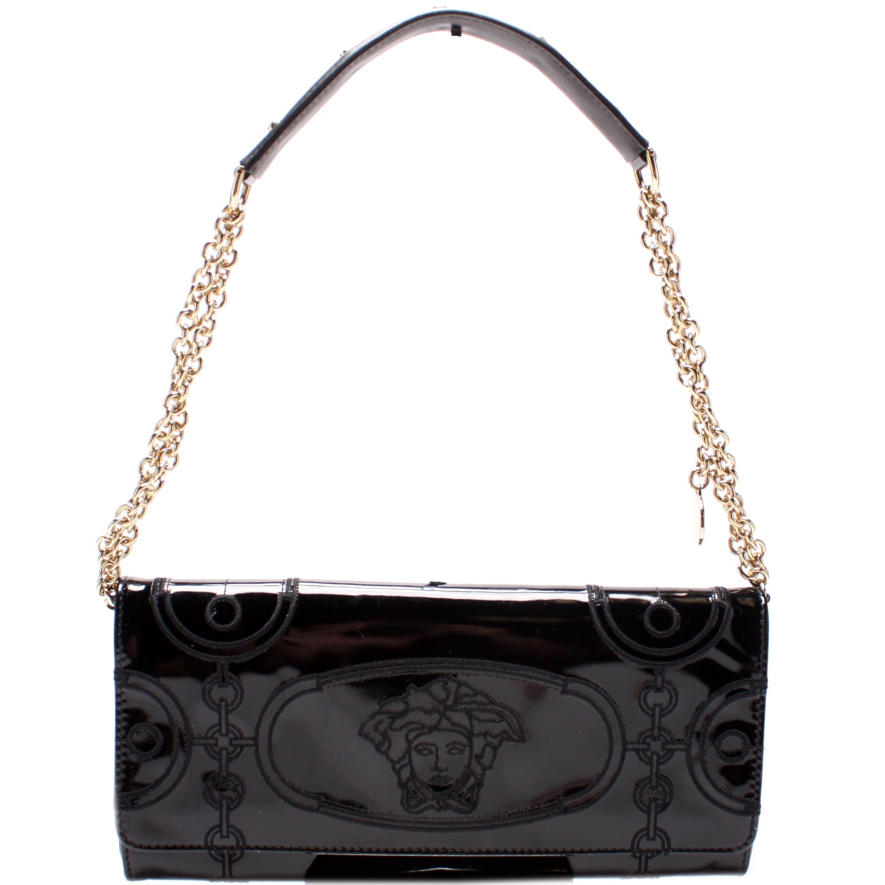 Medusa Embroidered Patent Leather Clutch