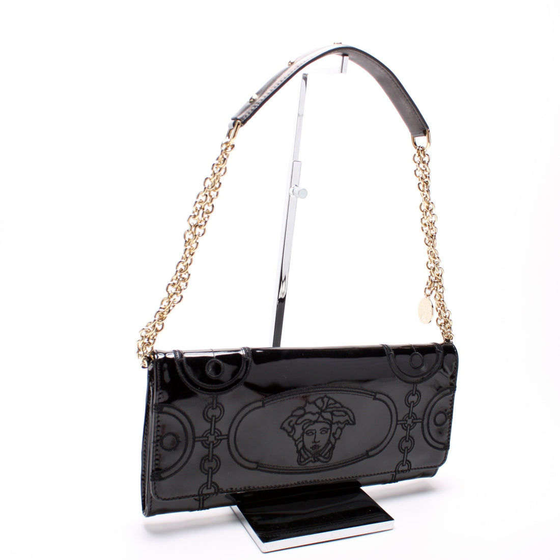 Medusa Embroidered Patent Leather Clutch