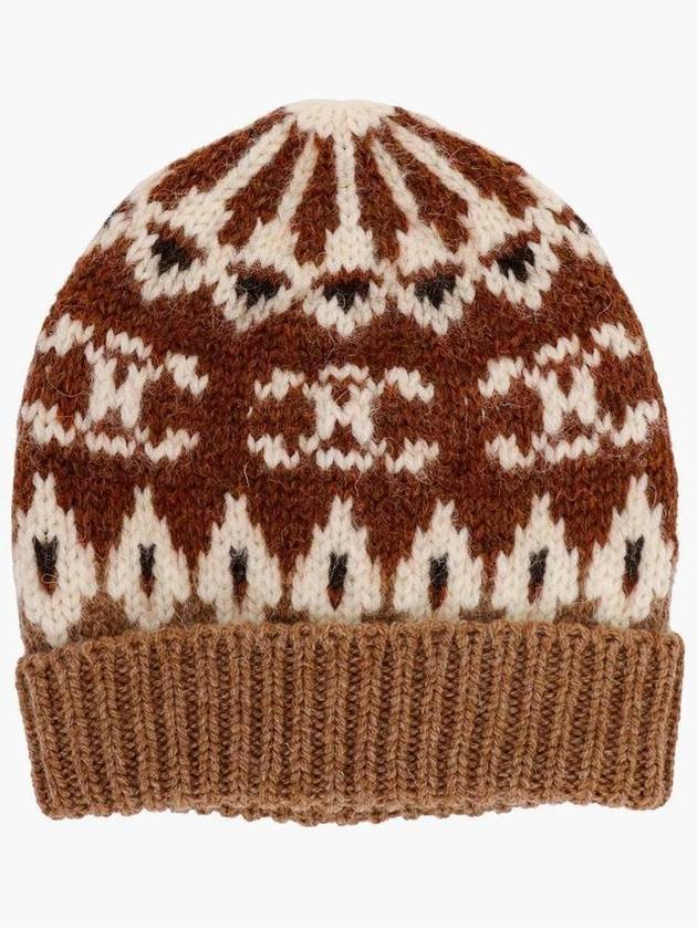 CELINE Triomphe Fair Isle Wool Beanie Camel