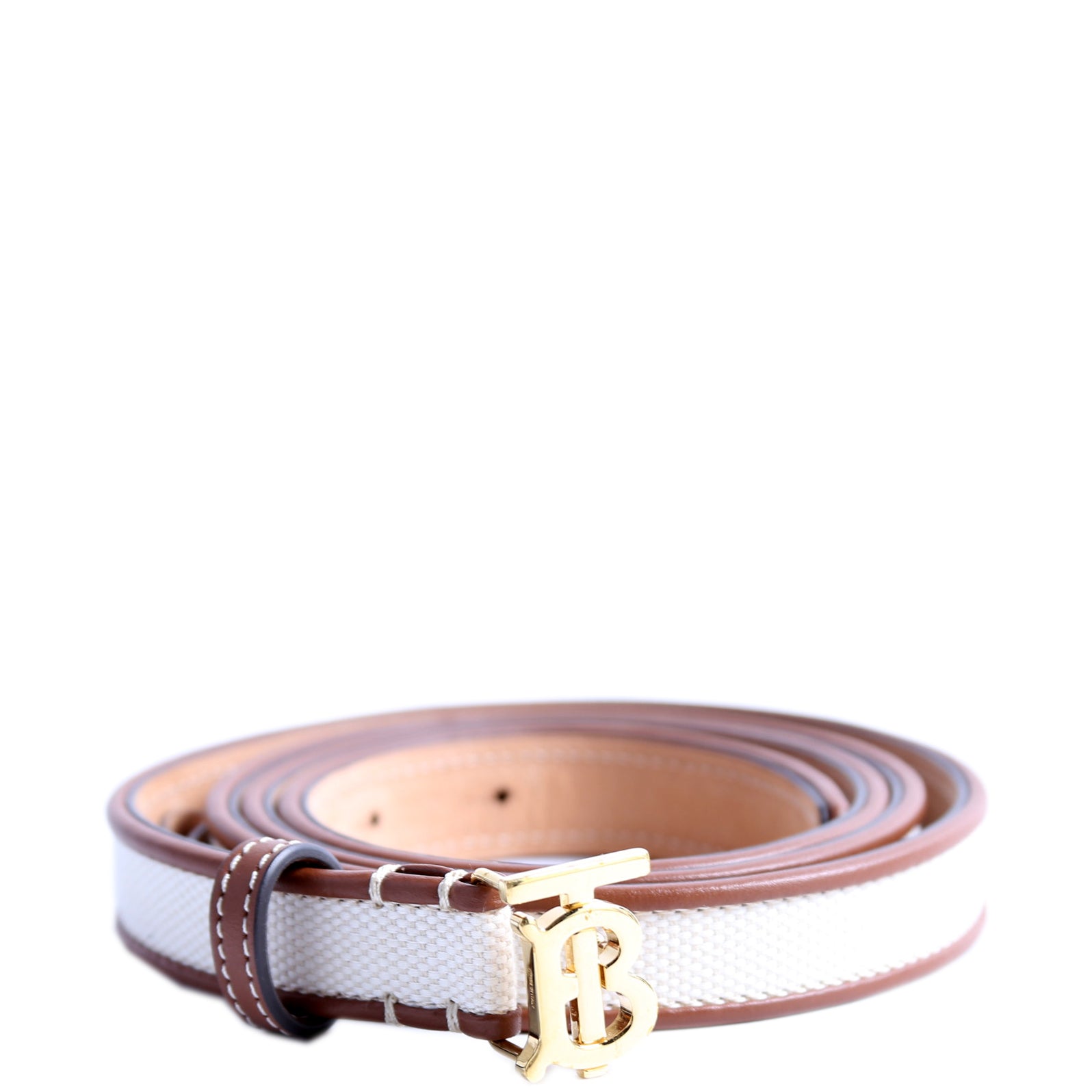TB Logo Thin Canvas/Leather Belt Size Large Brown/White