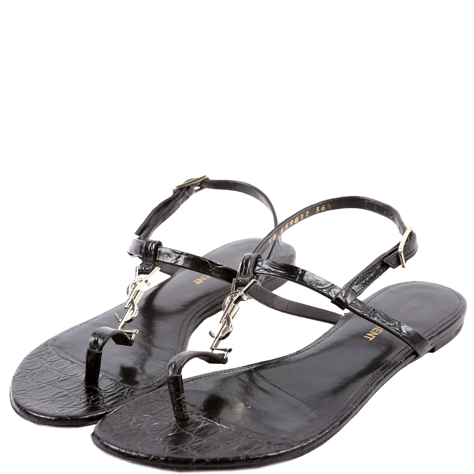 Cassandra T-Strap Sandals Crocodile Embossed Size 36.5 Black
