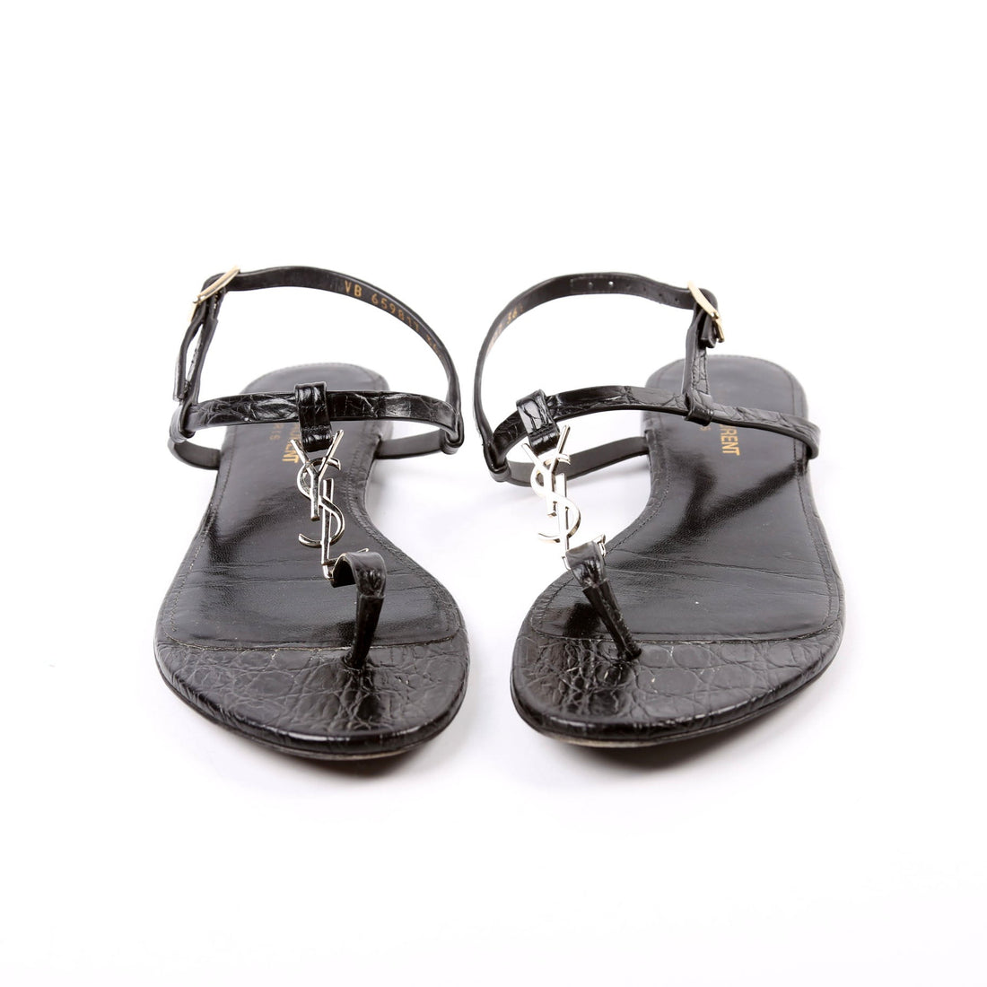 Cassandra T-Strap Sandals Crocodile Embossed Size 36.5 Black