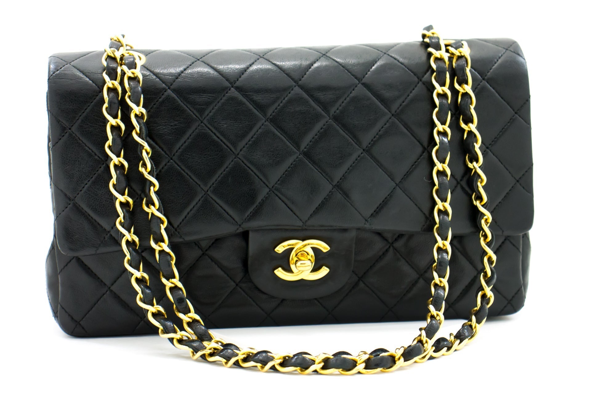 CHANEL Classic Double Flap 10" Chain Shoulder Bag Black Lambskin i71