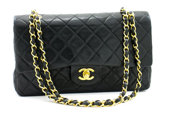 CHANEL Classic Double Flap 10" Chain Shoulder Bag Black Lambskin i71