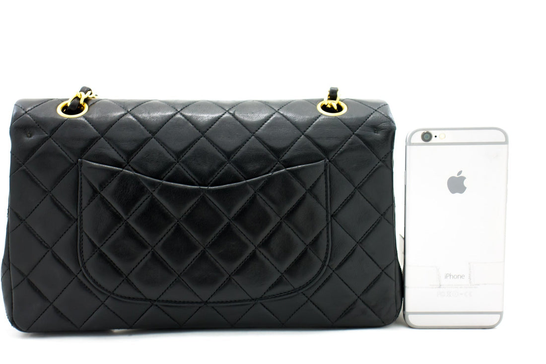 CHANEL Classic Double Flap 10" Chain Shoulder Bag Black Lambskin i71