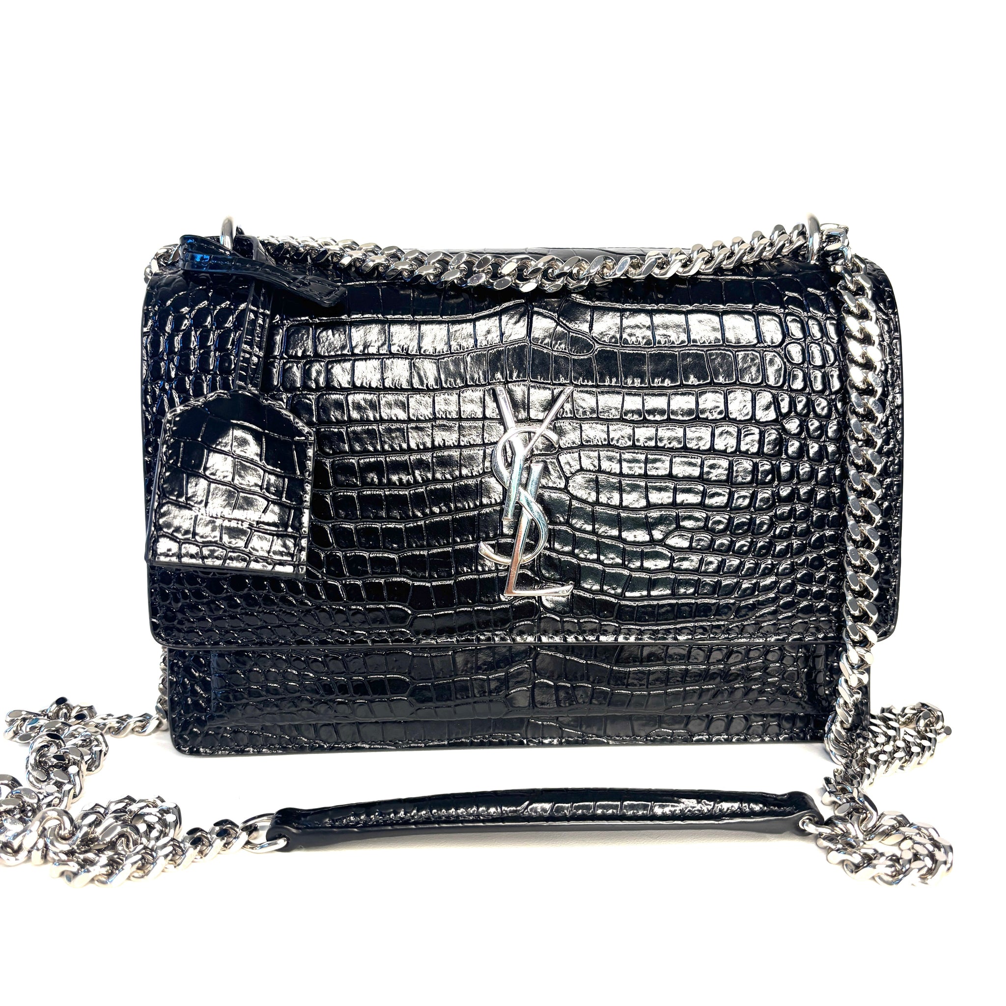 Saint Laurent Sunset Croc-Effect Black Medium Shoulder Bag - Preloved (Like New)