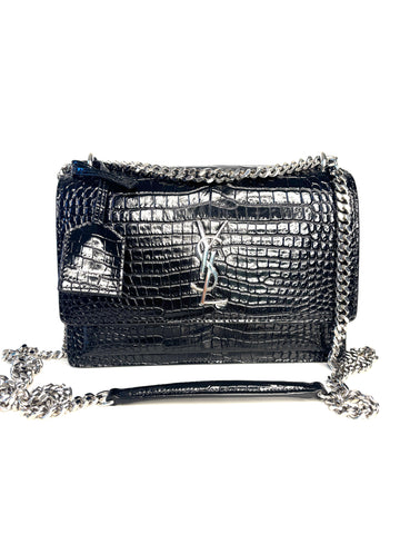 Saint Laurent Sunset Croc-Effect Black Medium Shoulder Bag - Preloved (Like New)