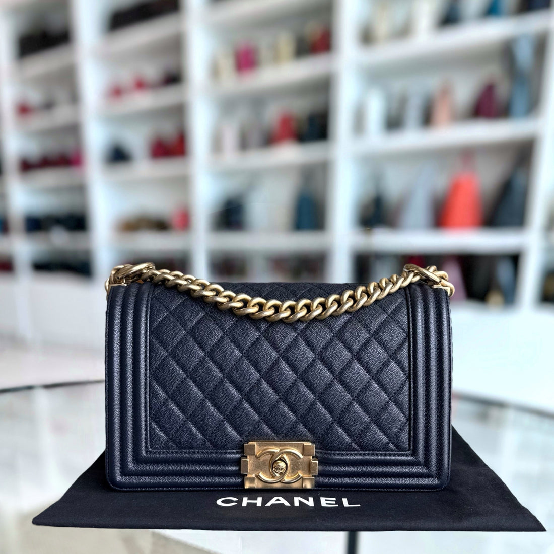Chanel Boy Medium - Caviar 25CM Quilted Midnight Dark Blue Gold Hardware Series 27