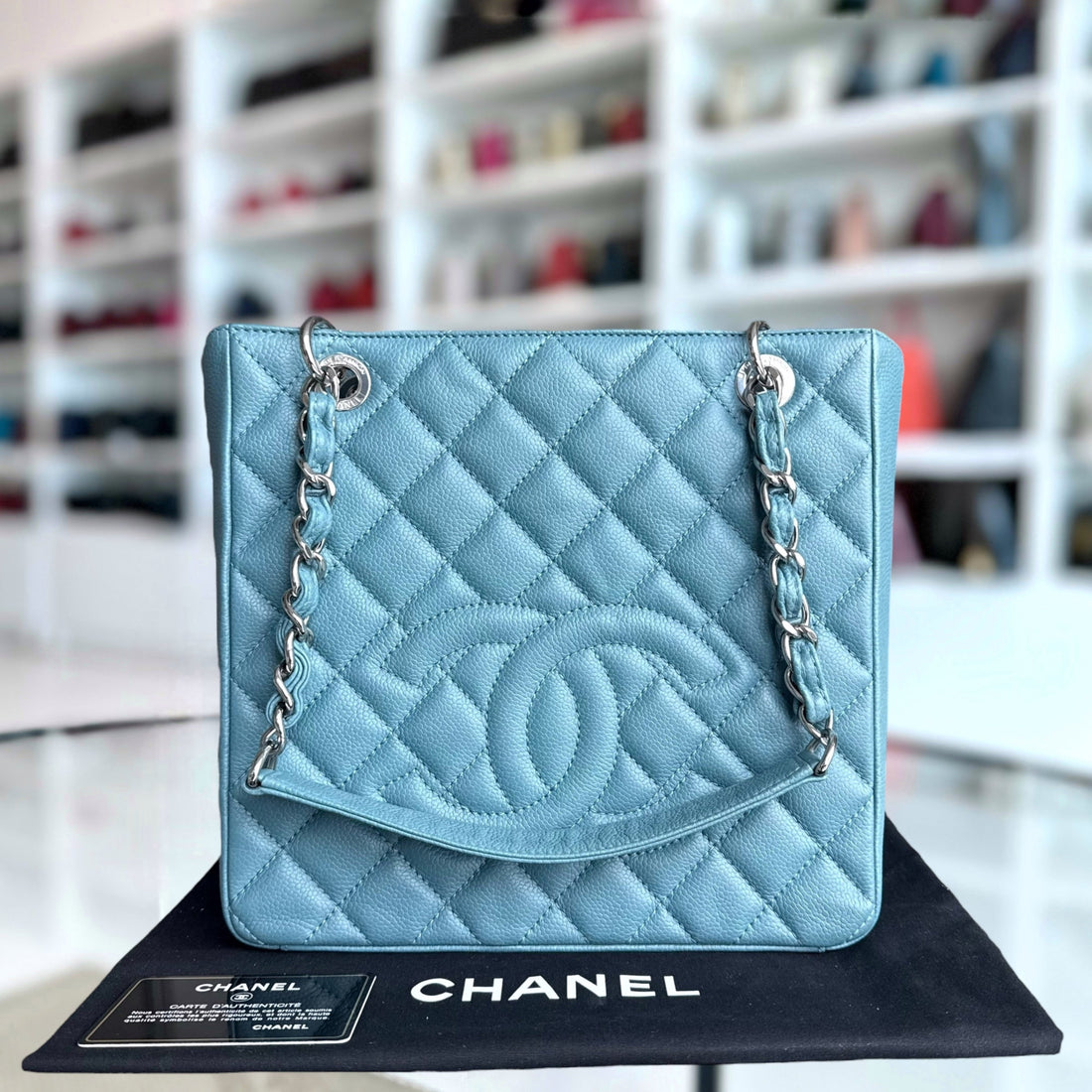 Chanel PST Petite Shopping Tote - Quilted Caviar Light Blue Silver Hardware Series 14