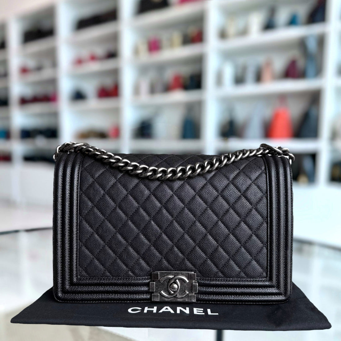 Chanel Boy Medium - Caviar 28CM New Medium Quilted Black Ruthenium Silver Hardware Series 23