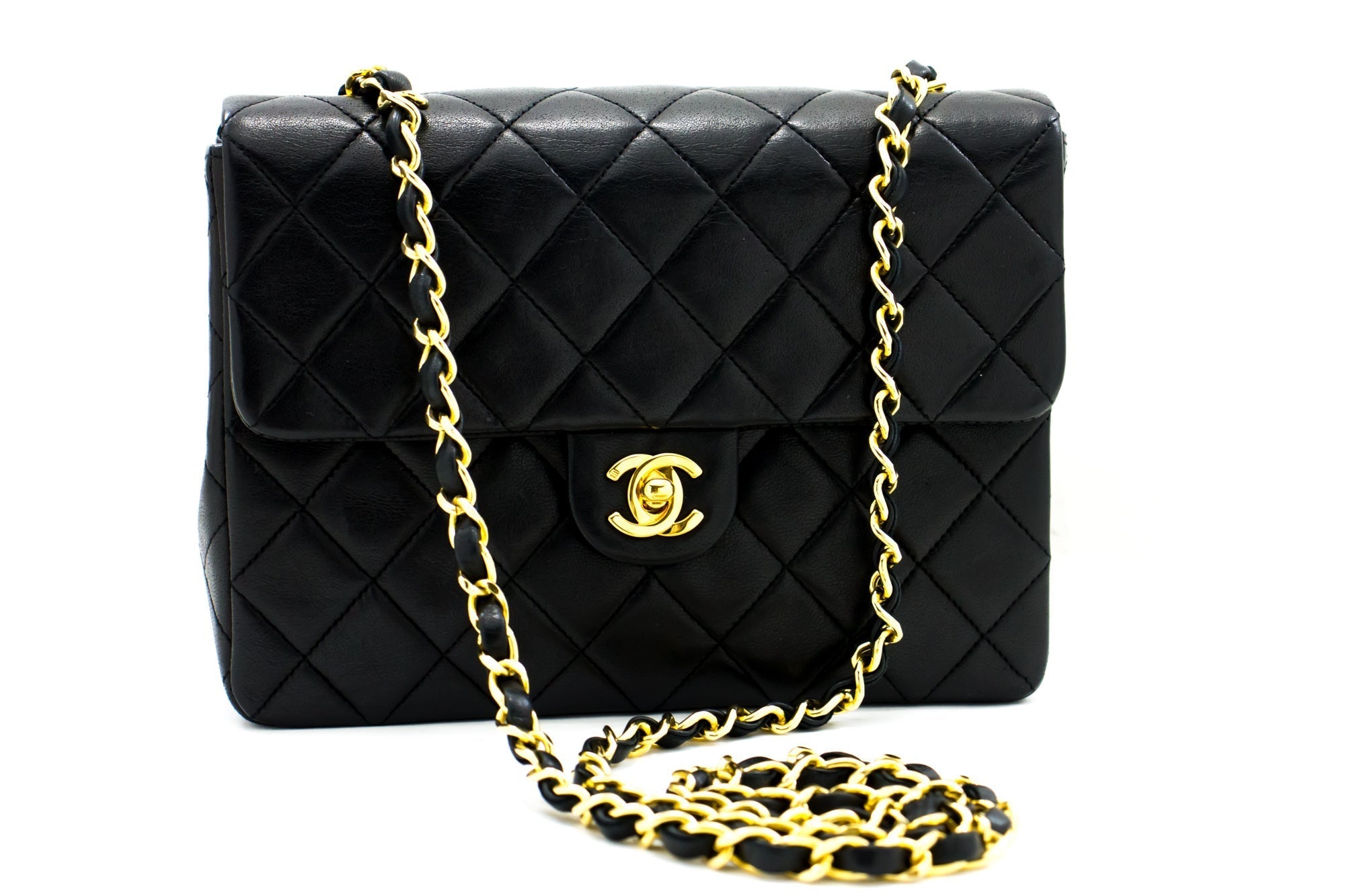 CHANEL Mini Square Small Chain Shoulder Bag Crossbody Black Quilt h30
