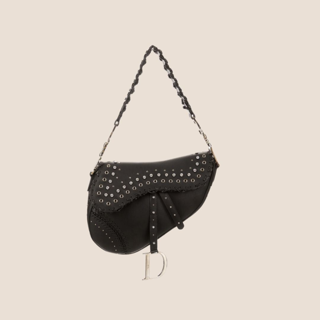 CHRISTIAN DIOR 2004 BLACK SUEDE EMBELLISHED WHIPSTITCH SADDLE BAG