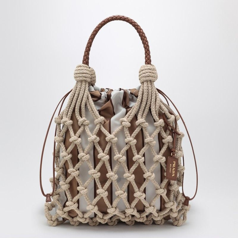 PRADA Medium Woven Handbag with Leather Details