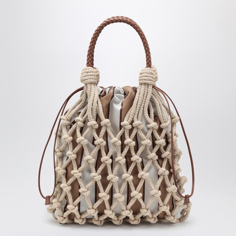 PRADA Medium Woven Handbag with Leather Details