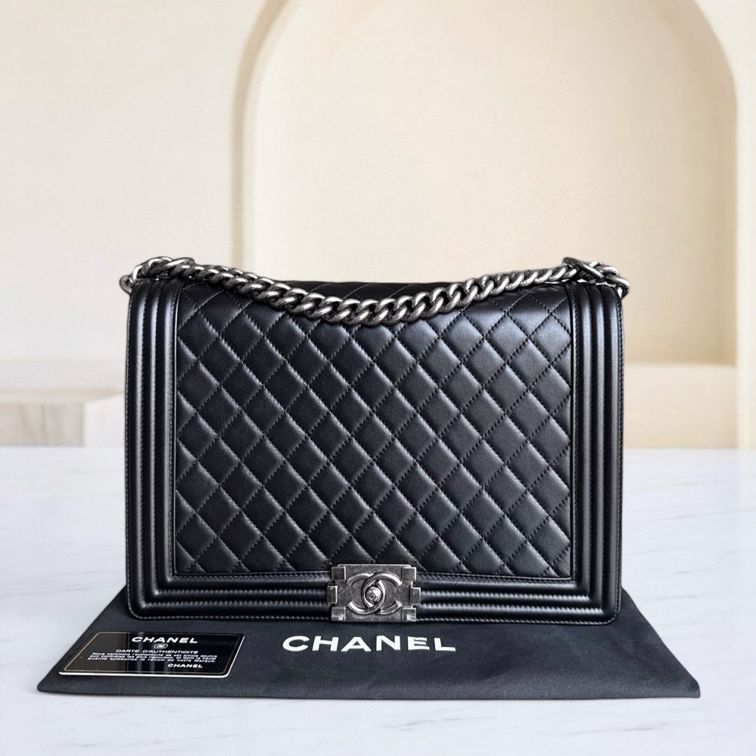 Chanel Boy Large - 30CM Quilted Lambskin Large Black Ruthenium Silver Hardware Series 16