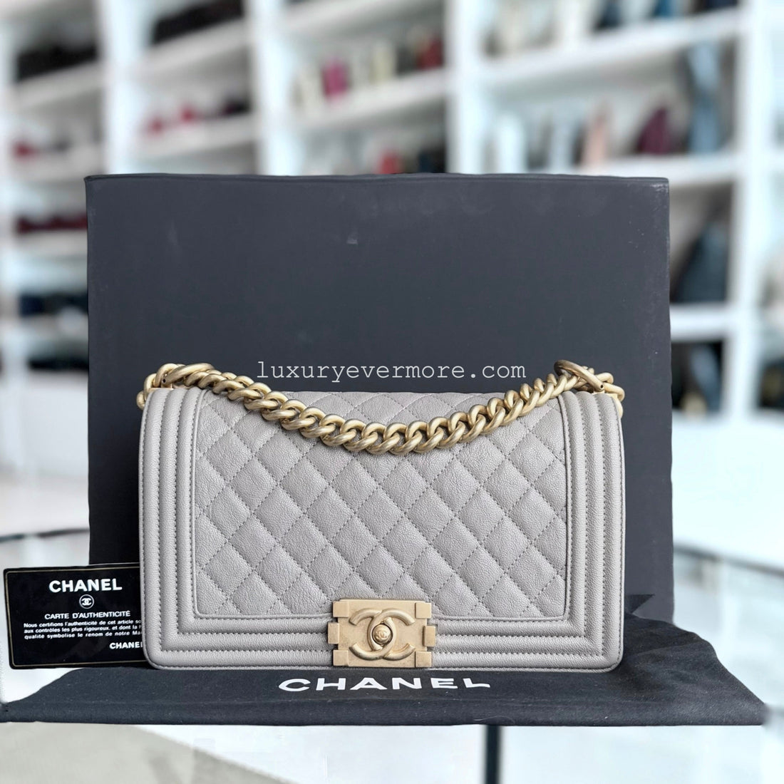 Chanel Boy Medium - Caviar 25CM Quilted Light Grey Gray Gold Hardware Series 26