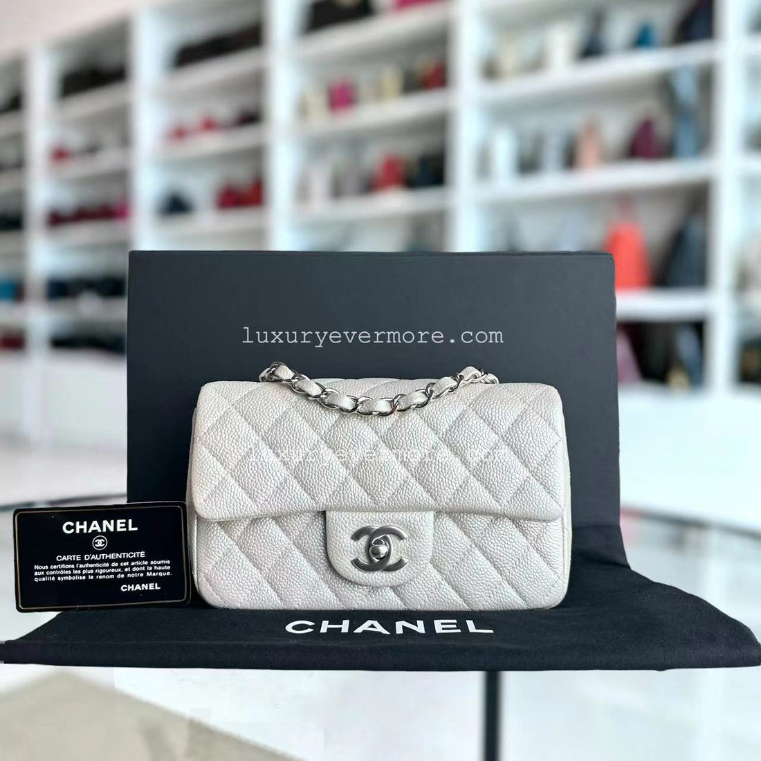 *Un* Caviar Mini Rectangle Classic Flap Quilted Iridescent Pearl White Silver Hardware Series 20
