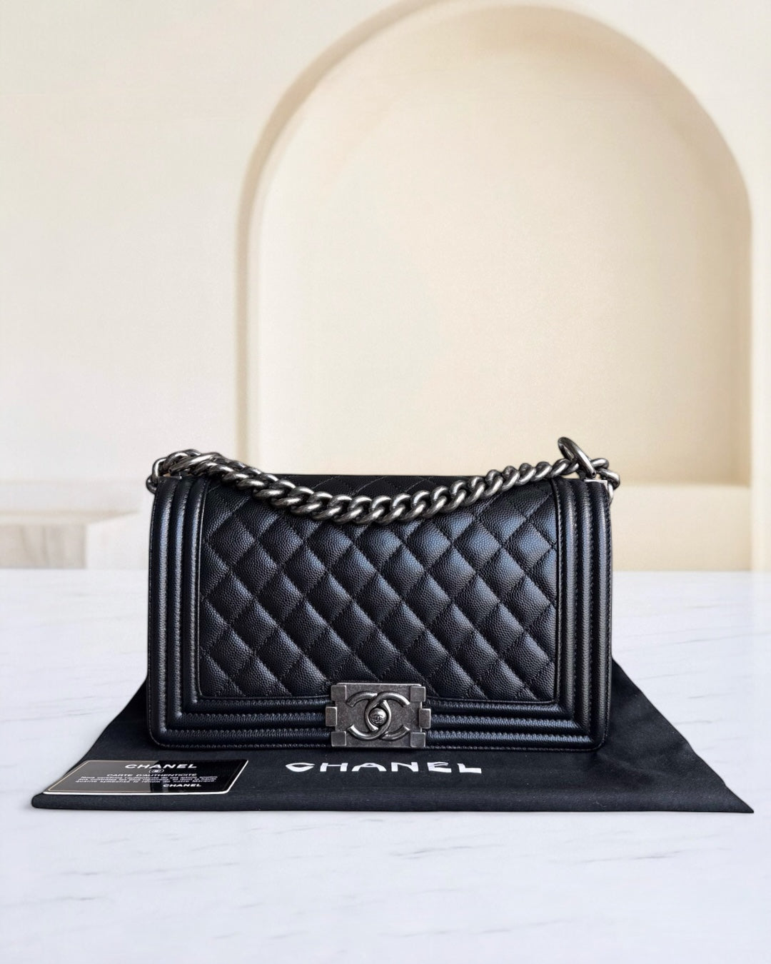 Chanel Boy Medium - Caviar 25CM Quilted Grained Calfskin Black Ruthenium Silver Hardware Series 20