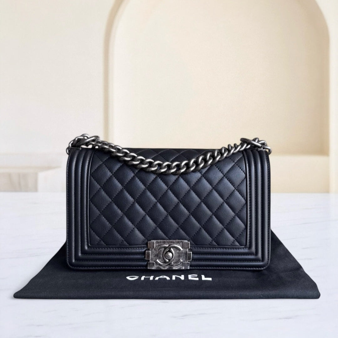 Chanel Boy Medium - 25CM Quilted Calfskin Black Ruthenium Silver Hardware Series 20