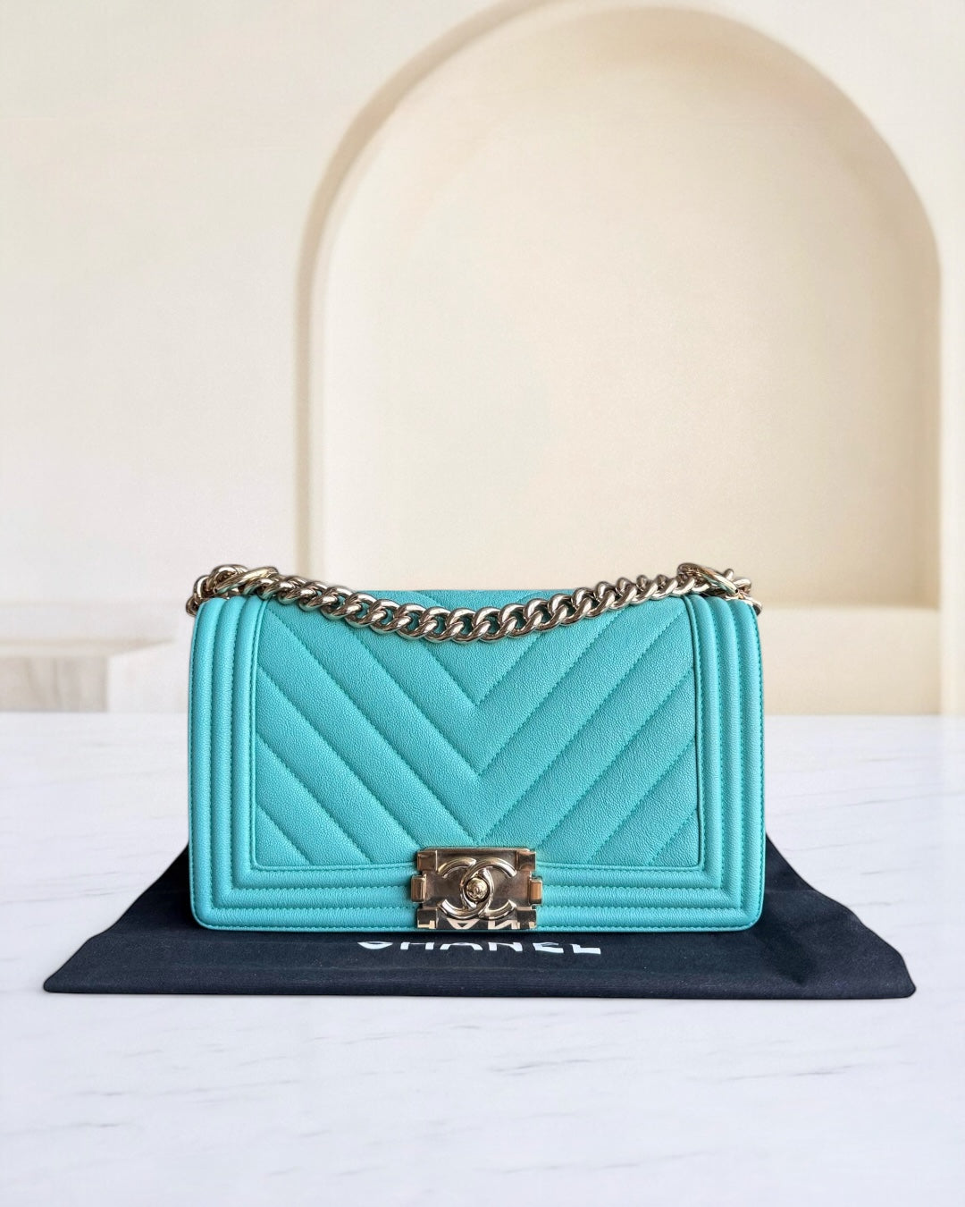 Chanel Boy Medium - 25CM Chevron Cyan Blue Gold Hardware Series 27