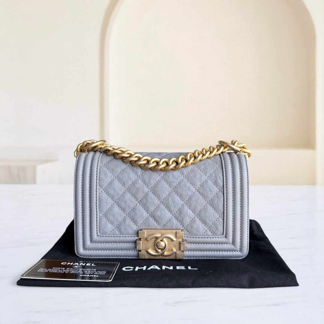 Chanel Boy Small - Caviar 20CM Quilted Grained Calfskin Grey Gray Gold Hardware Series 26