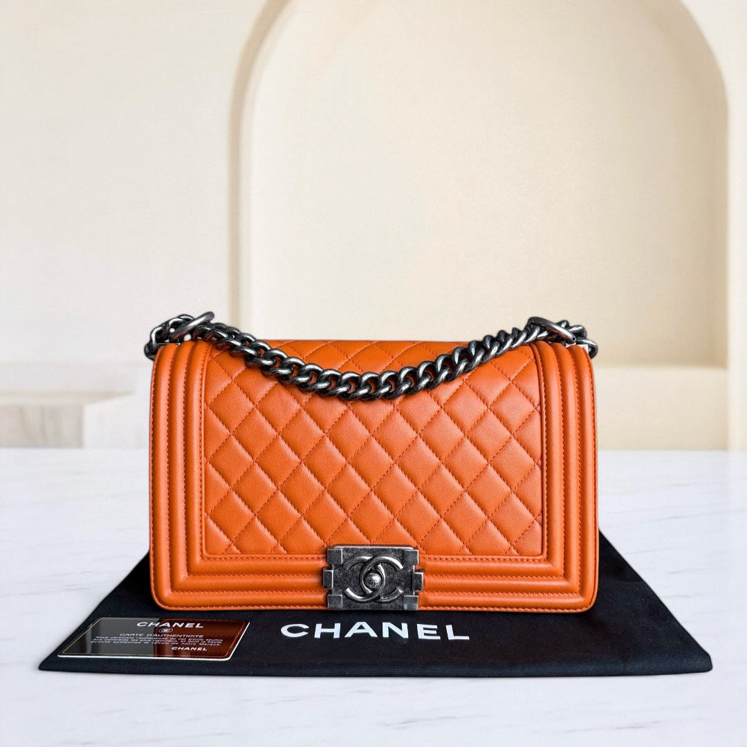 Chanel Boy Medium - 25CM Quilted Lambskin Orange Ruthenium Silver Hardware Series 20