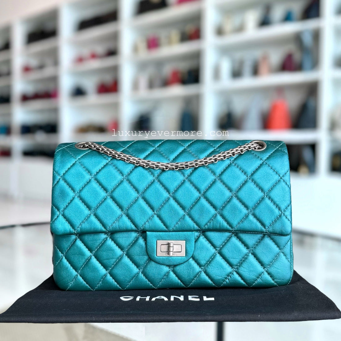 Chanel 2.55 Reissue 226 - Medium Quilted Calfskin Iridescent Cyan Blue Silver Hardware Series 12