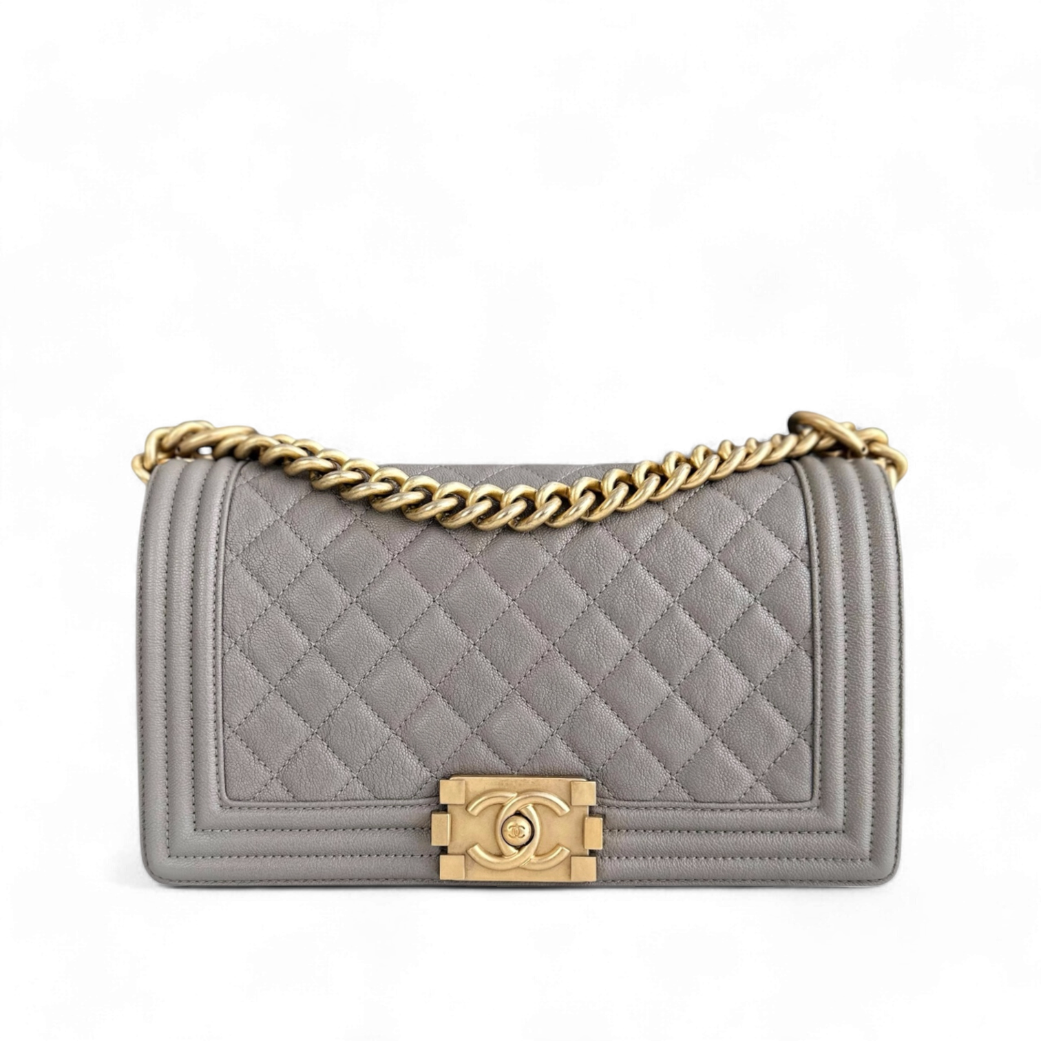 Chanel Boy Medium - Caviar 25CM Quilted Light Grey Gray Gold Hardware Series 26