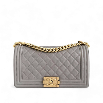 Chanel Boy Medium - Caviar 25CM Quilted Light Grey Gray Gold Hardware Series 26