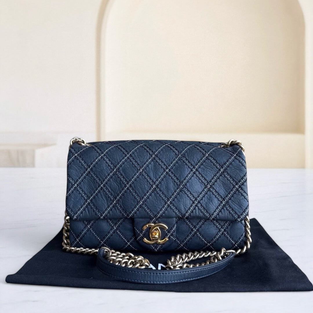 Chanel Seasonal Flap - Quilted Wild Stitch CalfskinDark Navy Blue Gold Hardware Series 19