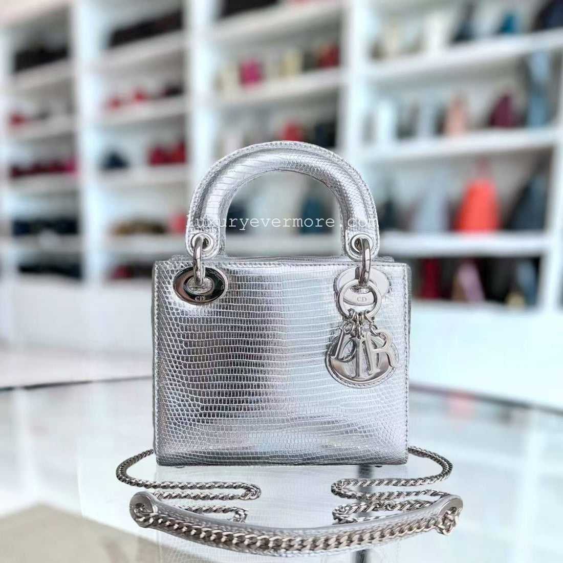 *Rare* Dior Lady Mini - Lizard Silver Metallic Limited Edition Chain Strap Silver Hardware