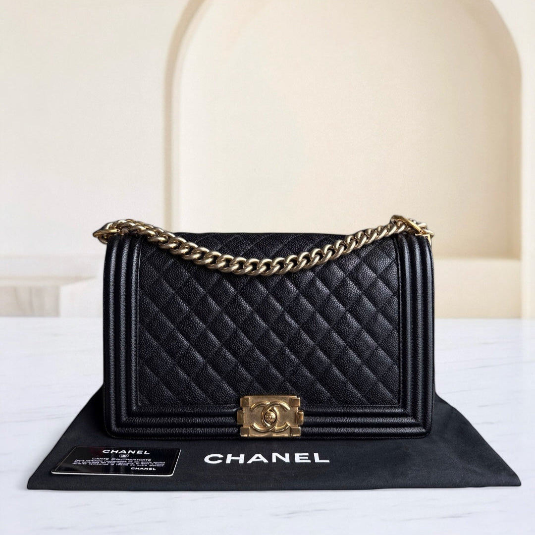 Chanel Boy New Medium - Caviar 28CM Quilted Grained Calfskin Black Gold Hardware Series 23