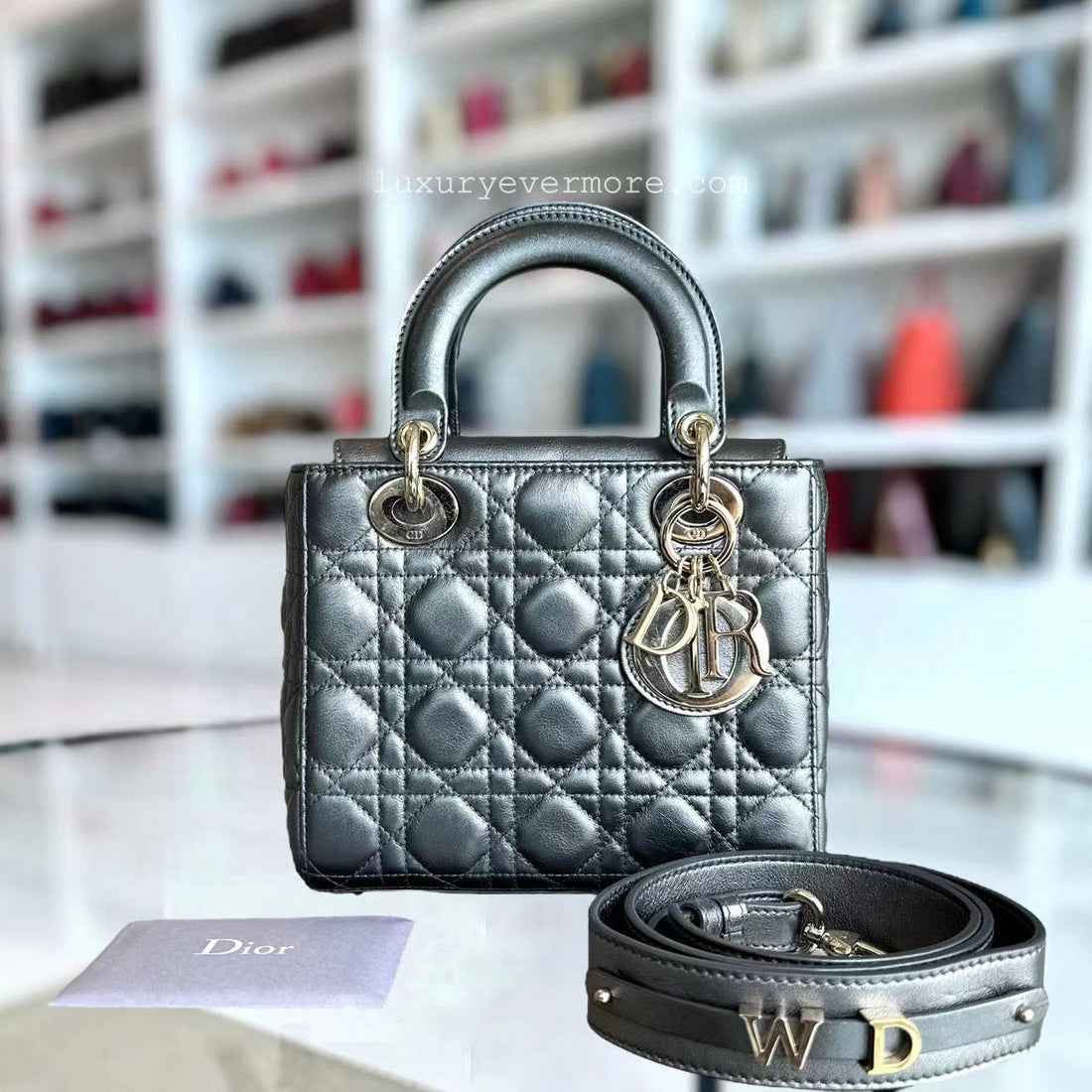 *ABC Strap* Dior Lady Small MyABC Cannage Calfskin Metallic Gunmetal Grey Golden Hardware