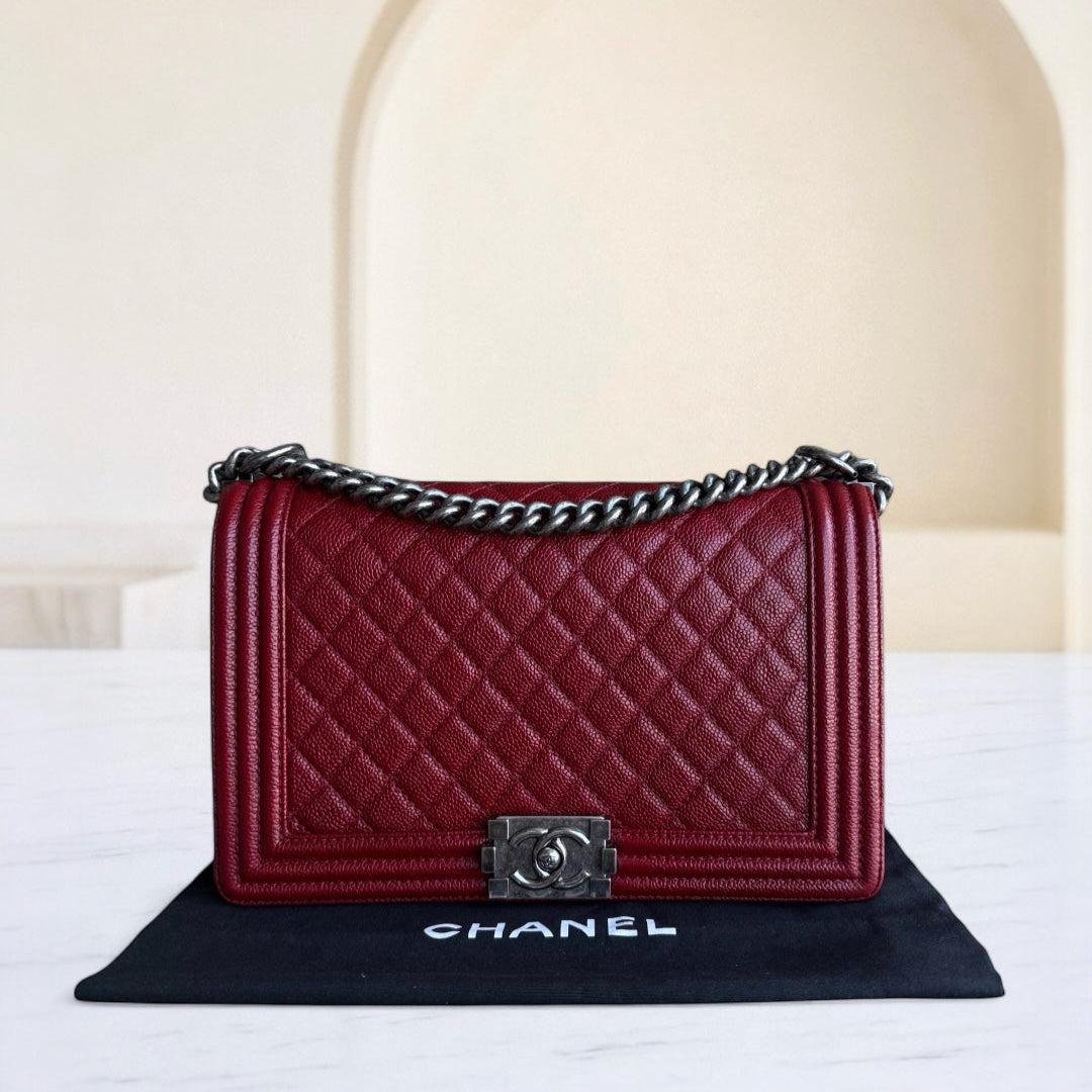 Chanel Boy Medium - 28CM Caviar Quilted Grained Calfskin Burgundy Dark Red Silver Hardware Series 19