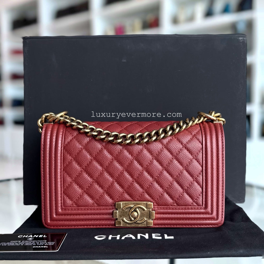 Chanel Boy Medium - Caviar 25CM Quilted Red Ruthenium Gold Hardware Series 20