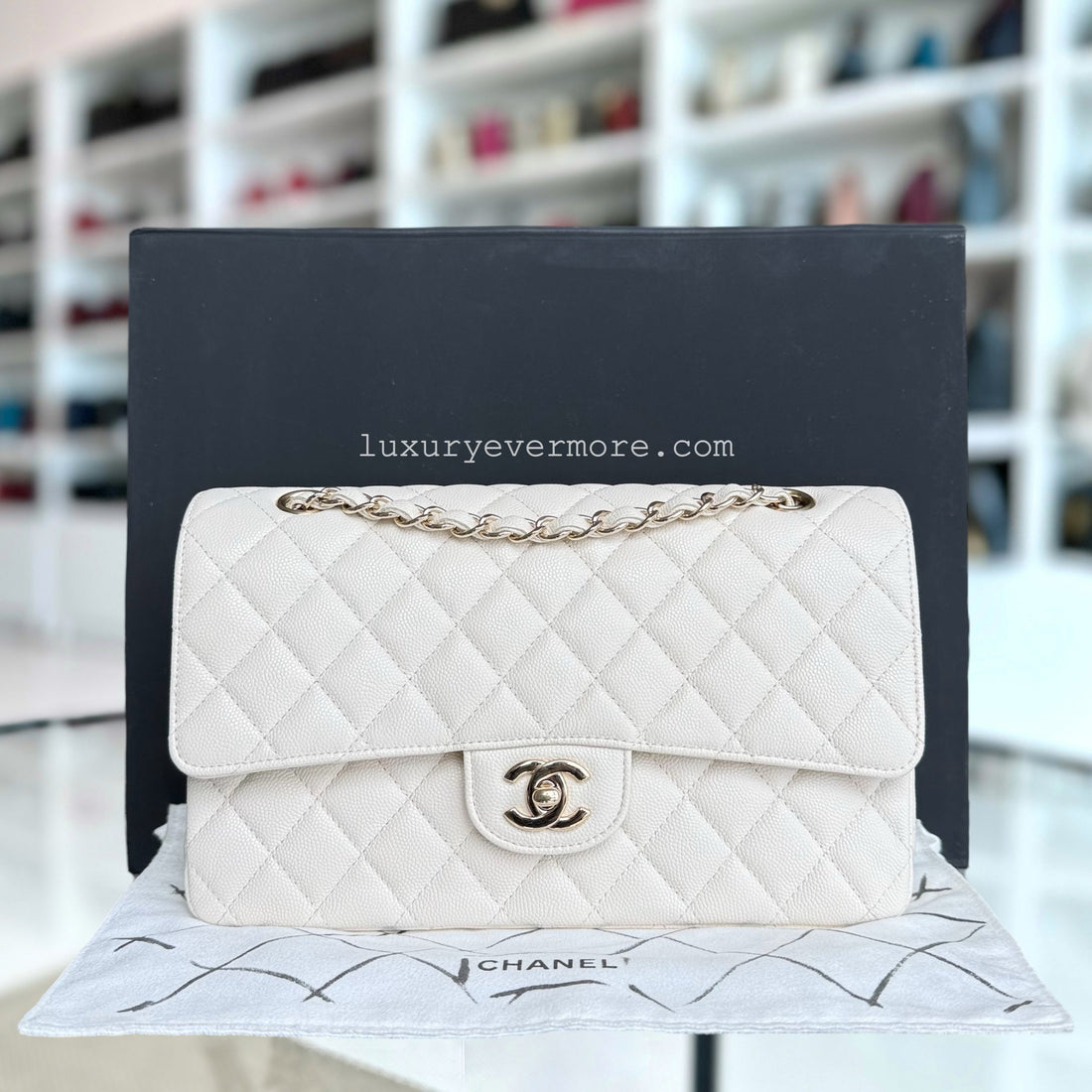 Deposit of Chanel Classic Flap Medium - Caviar 25CM Quilted Cream White Gold Hardware Series 23