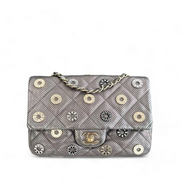 Chanel Seasonal Flap - Cruise Paris-Dubai Medals 2015 Perforated Calfskin Gray Grey Silver Hardware Series 20
