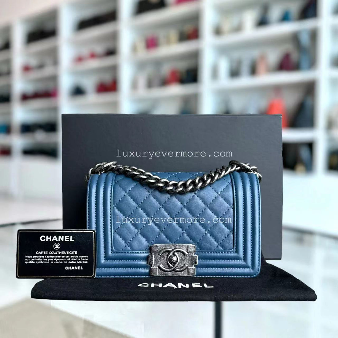 Chanel Boy Small - Quilted Calfskin Blue Ruthenium Silver Hardware Series 23