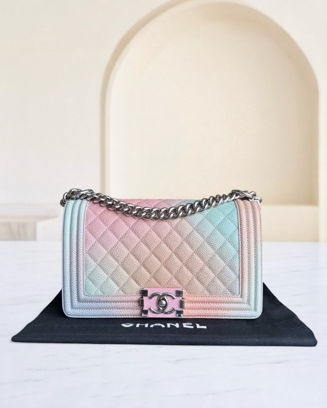 Chanel Boy Medium - 25CM Quilted Grained Calfskin Rainbow Limited Edition Silver Hardware Series 25