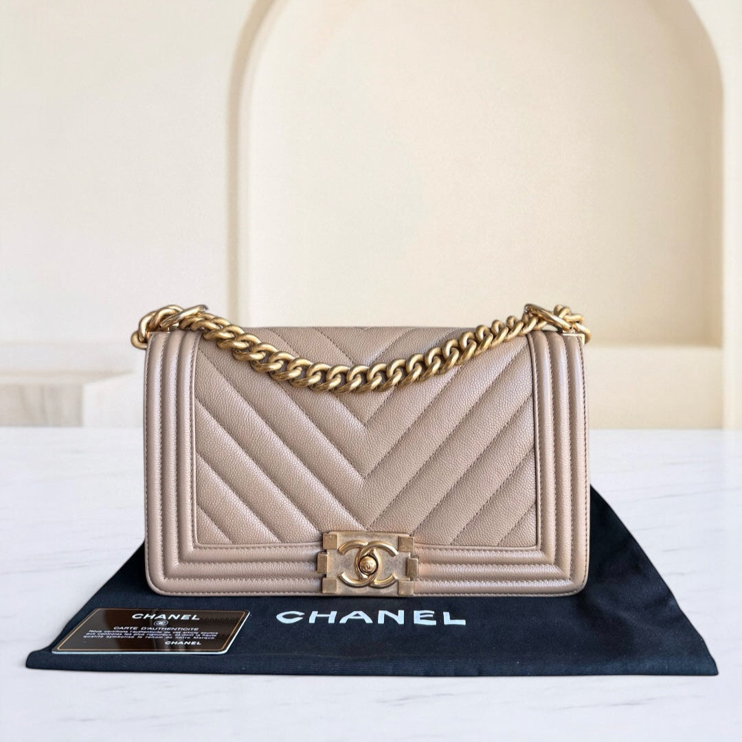 Chanel Boy Medium - Caviar 25CM Chevron Grained Calfskin Beige Gold Hardware Series 25