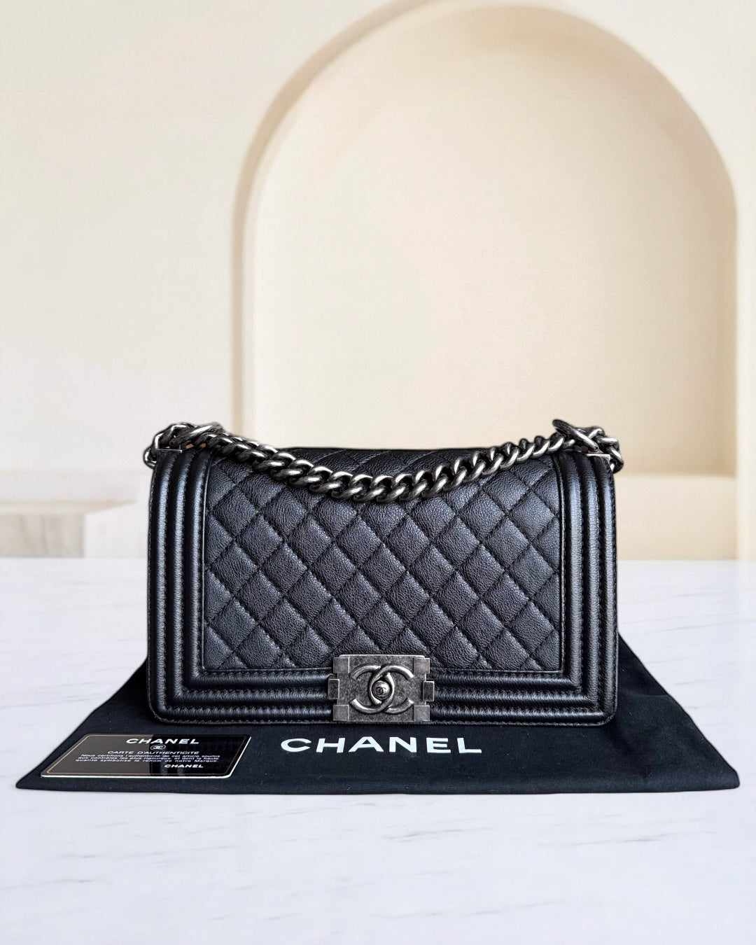 Chanel Boy Medium - 25CM Quilted Grained Aged Calfskin Black Ruthenium Silver Hardware Series 18