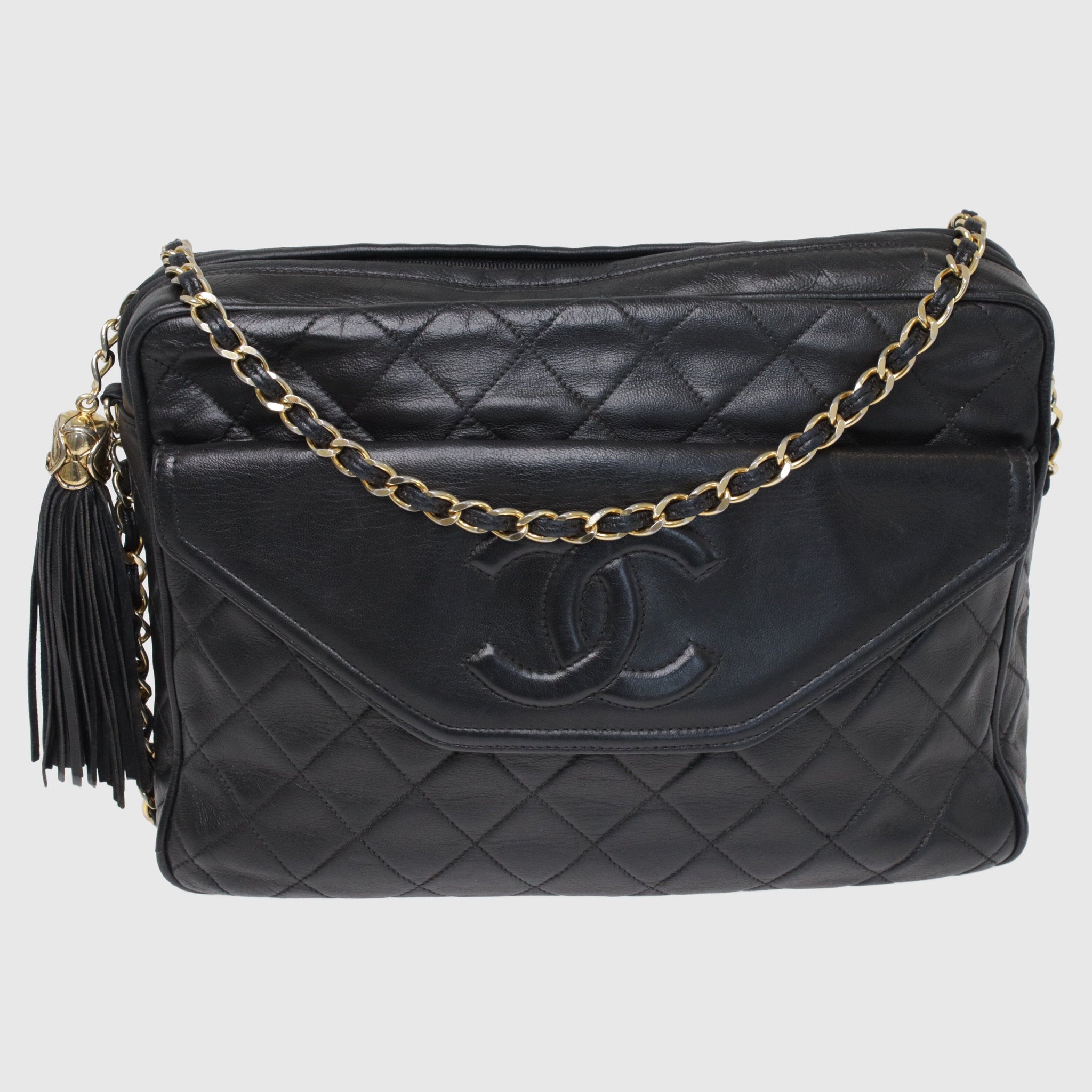 Black Quilted Vintage CC Tassel Camera Crossbody Bag